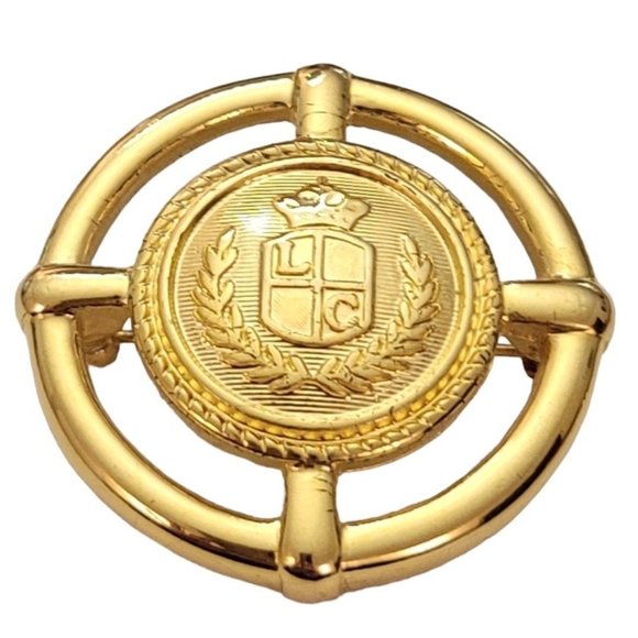 Liz Claiborne Gold Tone Signature Shield Round Laurel Leaf Edge Brooch Pin E474 - Picture 2 of 8